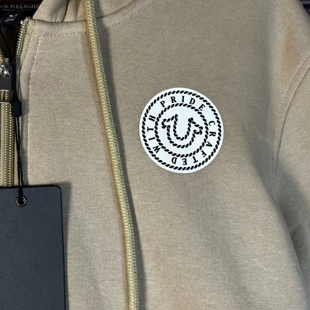 True Religion Mens True College Full Zip Hoodie Jacket Travertine Beige L NEW